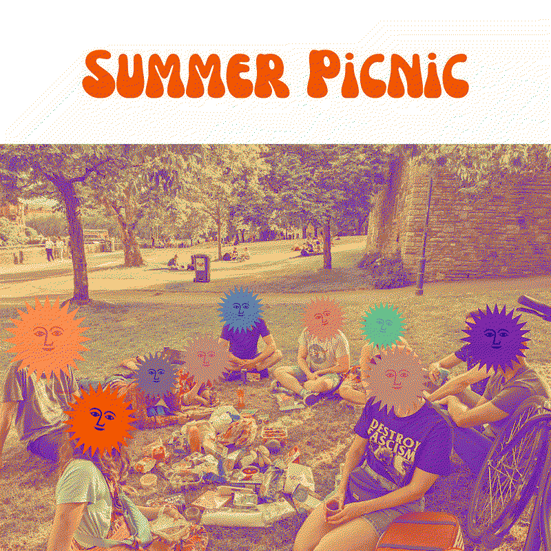 A dithered photo of people picnicking with their faces obscured by colourful suns
