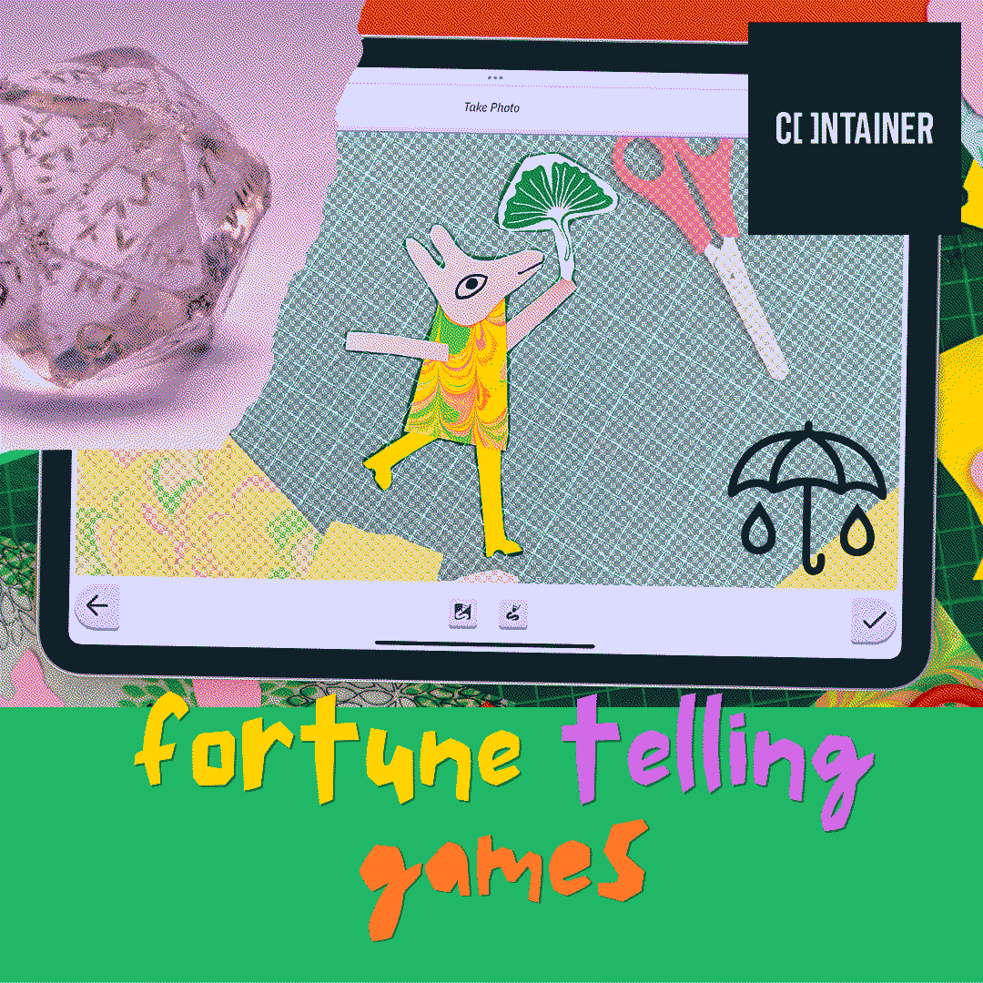 promotional shot of the Downpour game making tool on an ipad with a scrapbooky vibe and image of a fortune telling dice