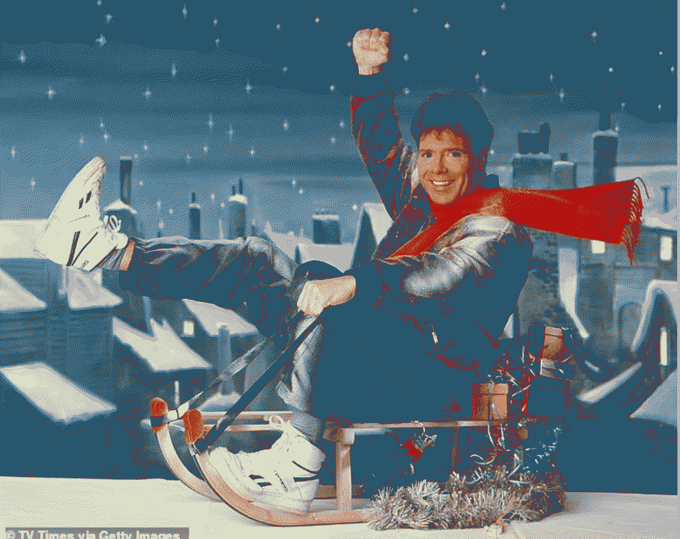 a dithered close up image of Cliff Richard riding a sled with his fist in the air